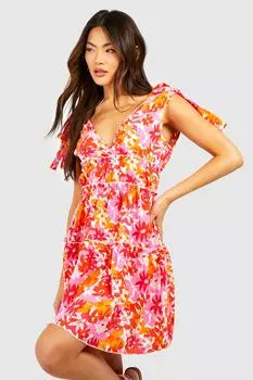 Платье из ткани с цветочным ярусом Boohoo, розовый