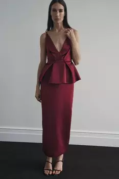 Платье из тяжелого атласа с баской ZARA, красный