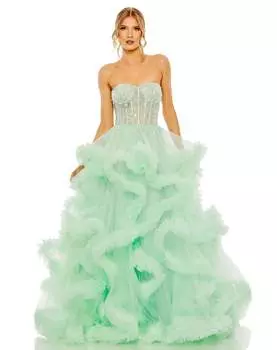 Платье из тюля без бретелек с корсетными деталями Mac Duggal, цвет aqua