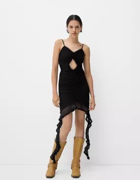 Платье из тюля на бретельках с оборками Bershka, черный