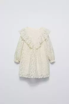 Платье из тюля с блестящей вышитой и цветочным узором ZARA, экрю