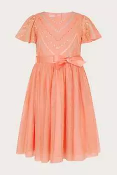 Платье из тюля с цветочной аппликацией в елочку Monsoon, оранжевый