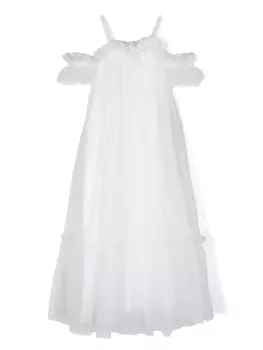 Платье из тюля с цветочной аппликацией Ermanno Scervino Junior, белый