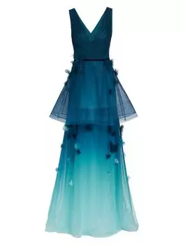 Платье из тюля с цветочной аппликацией и баской Marchesa Notte