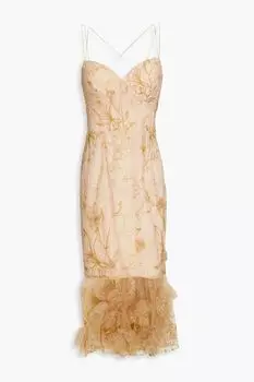 Платье из тюля с цветочной вышивкой MARCHESA NOTTE, бежевый