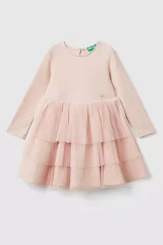Платье из тюля с длинным рукавом Benetton, розовый