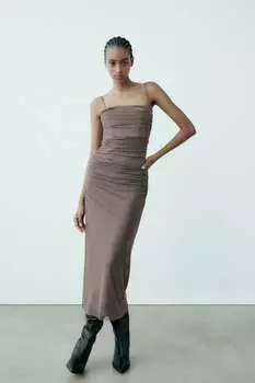Платье из тюля с драпировкой ZARA, норковый