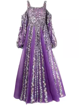 Платье из тюля с открытыми плечами и пайетками Saiid Kobeisy, фиолетовый