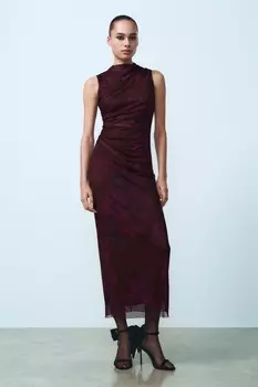 Платье из тюля с принтом и драпированным рисунком ZARA, бордо
