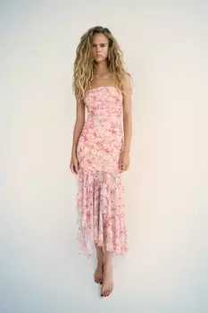 Платье из тюля с принтом и вырезом-бандо ZARA, розовые