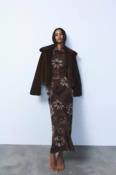 Платье из тюля с принтом ZARA, светло-коричневый