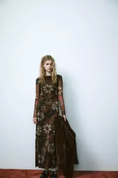 Платье из тюля с принтом ZARA, светло-коричневый