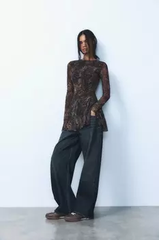 Платье из тюля с принтом ZARA, темно-бордовый