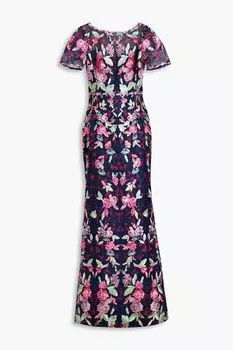 Платье из тюля с вышивкой MARCHESA NOTTE, нави