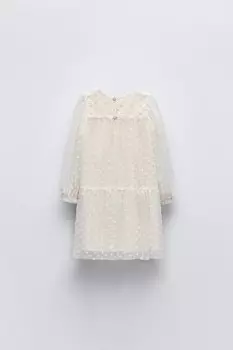 Платье из тюля с вышивкой ZARA, экрю