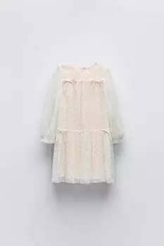 Платье из тюля с вышивкой ZARA, экрю