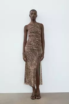 Платье из тюля с животным принтом ZARA, цвет leopard