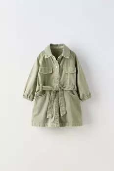 Платье из твила с поясом ZARA, хаки