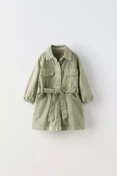 Платье из твила с поясом ZARA, хаки