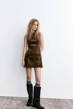 Платье из вельвета с поясом ZARA, коричневый