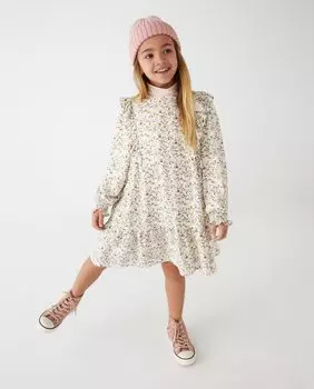 Платье из вискозного твила с длинными рукавами и цветочным принтом El Corte Ingls, бежевый