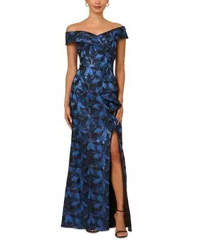 Платье из жаккарда с открытыми плечами Adrianna Papell, синий