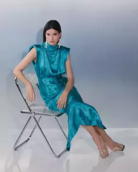 Платье из жаккарда с высокой горловиной и драпировкой Tintoretto, синий