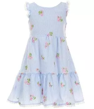 Платье из жатого хлопка в полоску/с цветочной вышивкой Rare Editions для больших девочек 7–16 лет с развевающимися рукавами, синий