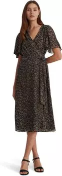 Платье из жатого жоржета с цветочным принтом и поясом LAUREN Ralph Lauren, цвет Black/Tan/Multi
