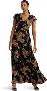 Платье из жатого жоржета с поясом и цветочным принтом LAUREN Ralph Lauren, цвет Black/Tan/Multi