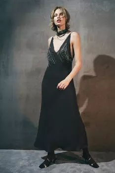 Платье из жоржета с бисерами ZARA, синий/серый