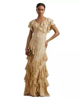 Платье из жоржета с цветочным принтом и рюшами Ralph Lauren, коричневый/бежевый