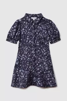 Платье Joanne с принтом и объемными рукавами Reiss, синий