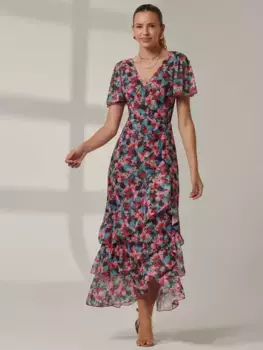 Платье Jolie Moi Floral Angel Sleeve Tiered Maxi, цвет teal/multi