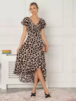 Платье Jolie Moi Luciana с анималистичным принтом и глубоким подолом, розовый/нейтральный