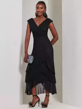 Платье Jolie Moi Wrap Bodice Mesh Frill Maxi, черный