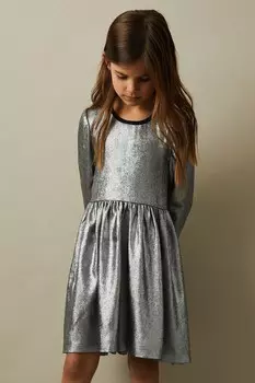 Платье Joy с металлическим отливом и расклешенной юбкой Reiss, серебряный