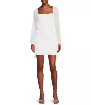 Платье Jump с блестящим квадратным вырезом, рюшами и длинными рукавами, завязками и подолом, белый