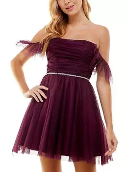 Платье Juniors Womens Mesh Ruched Fit & Flare Dress City Studios, цвет plum