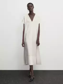 Платье-кафтан из смешанного льна с вырезами Massimo Dutti, белый