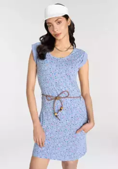 Платье KangaROOS из трикотажа (комплект, со съемным поясом), с принтом по всей поверхности - НОВАЯ КОЛЛЕКЦИЯ, цвет Blau-Grau-Bunt