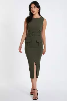 Платье-карго миди с разрезом спереди цвета хаки QUIZ Clothing
