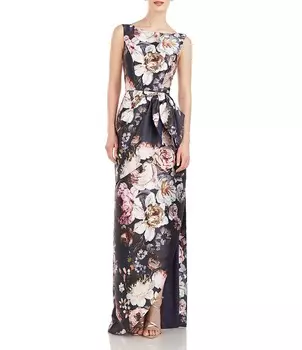 Платье Kay Unger с цветочным принтом и вырезом лодочкой, без рукавов, с рюшами, узлом и лифом, с асимметричным подолом, мультиколор