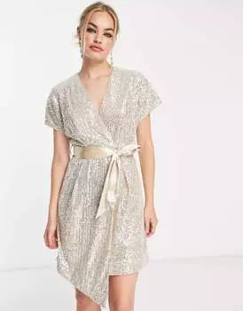 Платье-кимоно Closet London цвета шампанского с запахом и пайетками