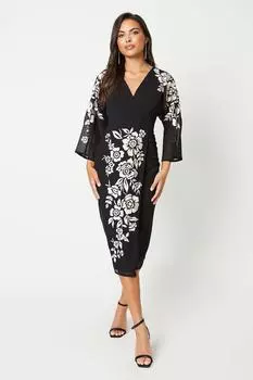 Платье-кимоно с цветочной вышивкой и запахом на рукавах Coast, черный