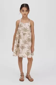 Платье Klemee из хлопка и льна с тропическим узором Reiss, бежевый