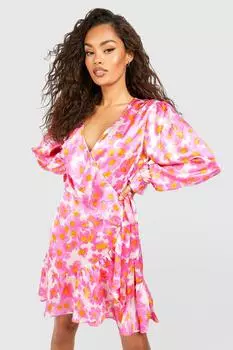 Платье-колическая платье из атласа с цветочными орушами и запахом Boohoo, розовый