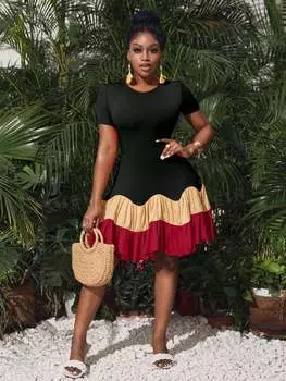 Платье-коллаж Shein Slayr с цветными блоками и рюшами по подолу, красный