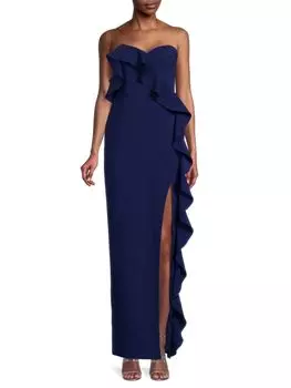 Платье-колонна без бретелек с воланами Aidan Mattox, темно-синий