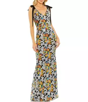 Платье-колонна Mac Duggal с цветочным принтом и блестками, низким V-образным вырезом на спине, галстуком-бабочкой и ремешком, V-образным вырезом, цветочный